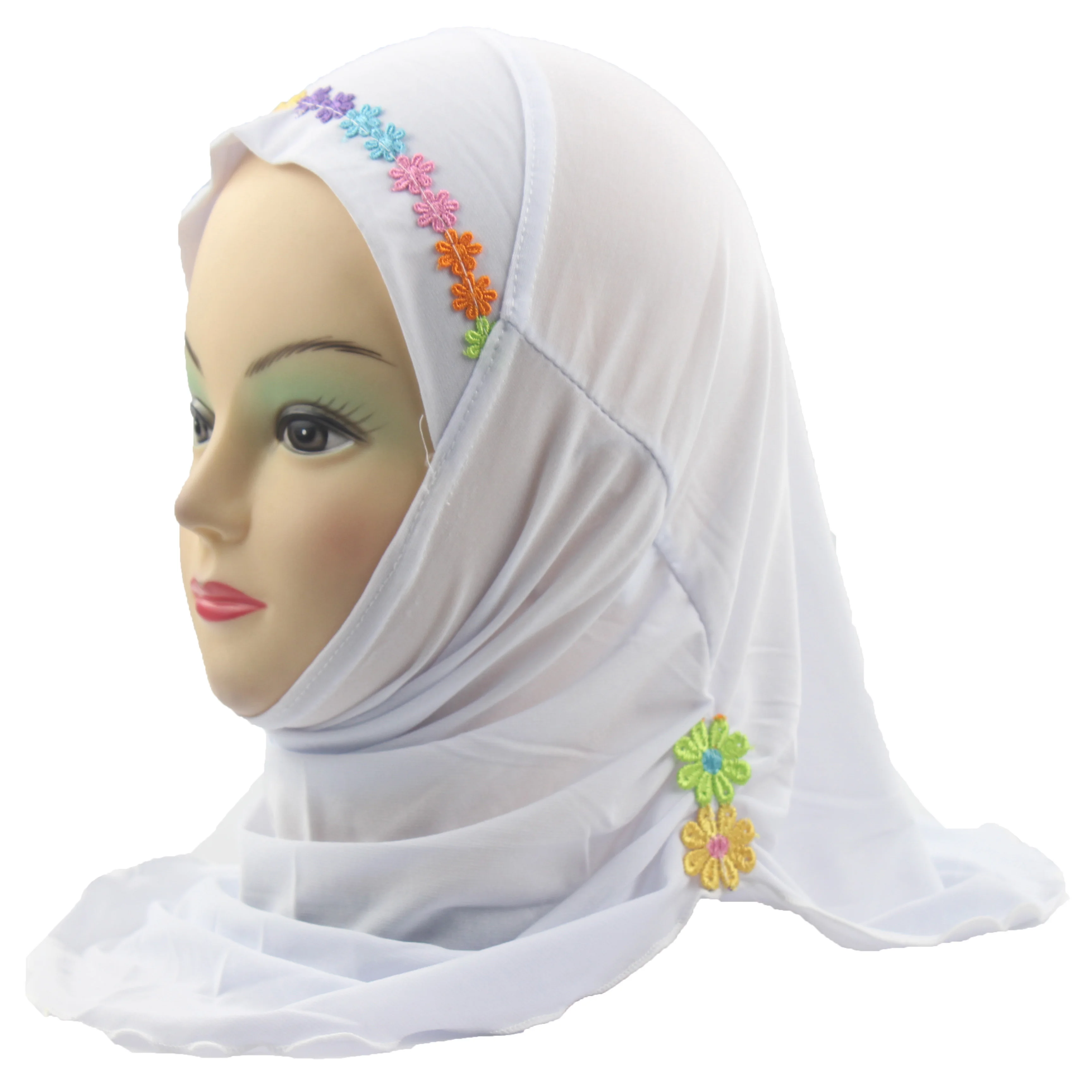 Muslim Hijab Headscarf Islamic Arab Scarf Shawls with Beautiful Flowers for Girls Kids age 2-6 - Цвет: White