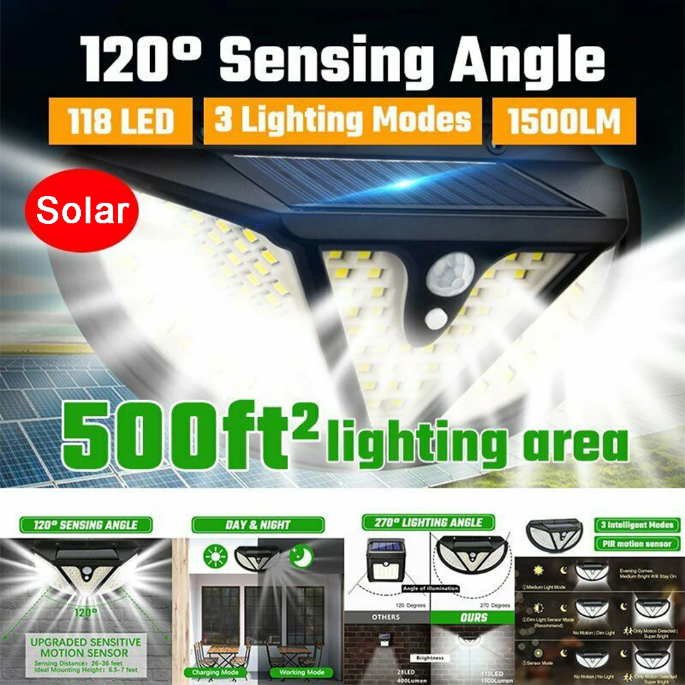 

SHOPLED 118 LED Outdoor Solar Light 3 Modes PIR Motion Sensor IP65 Waterproof Wall Lamp Solar Garden Street Light Decoration