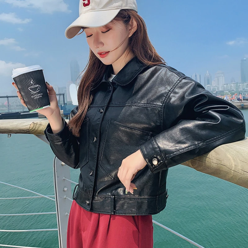 Женская кожаная куртка с большими карманами Повседневная Свободная однобортная