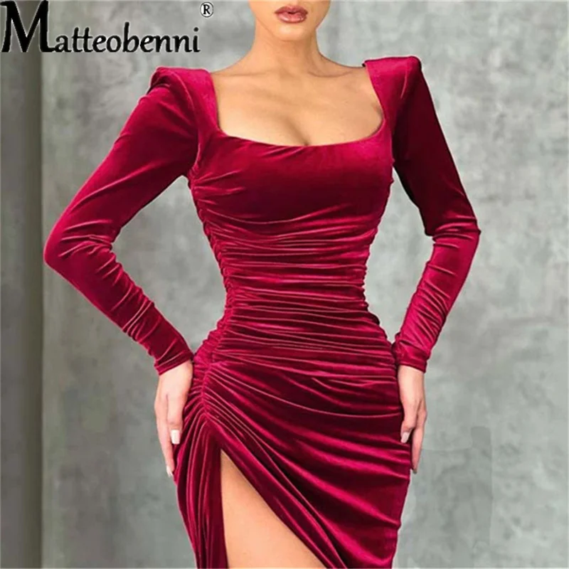 Купи New Sexy Women High Split Evening Dress Long Sleeve Square Collar Maxi Dresses Party Night Club Prom High Waist Lady Clothing за 833 рублей в магазине AliExpress