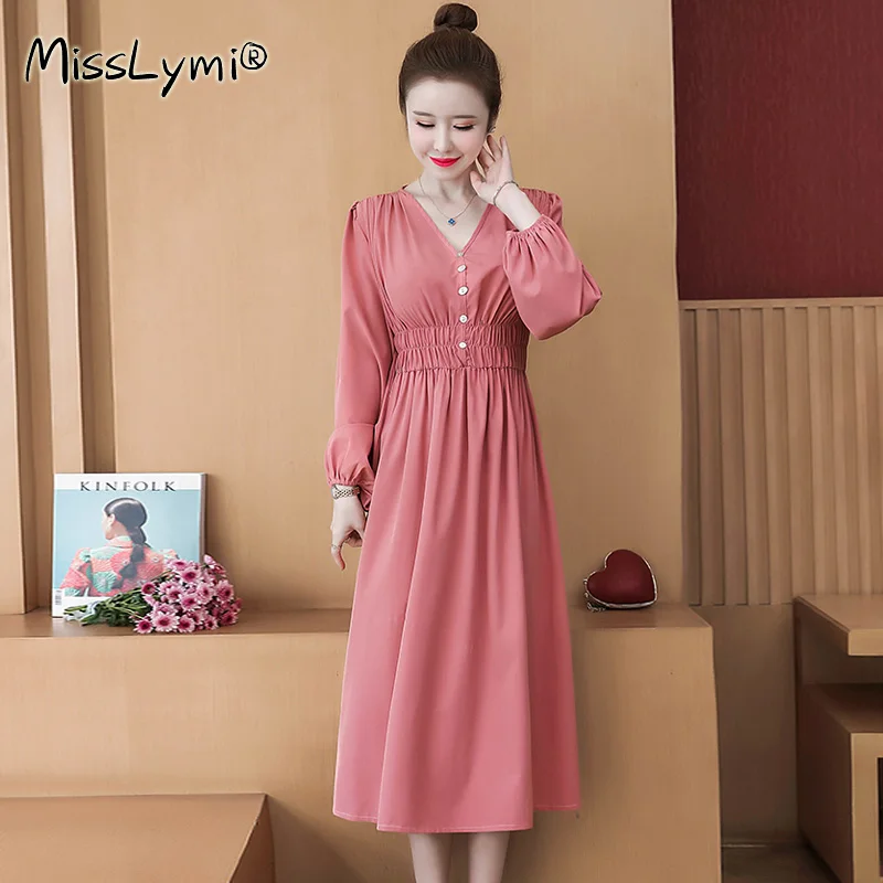 

5XL Plus Size Women Retro Shirt Dresses Spring 2021 Korean Fashion V-neck Long Sleeve Elegant Ladies Loose Midi Dress Pink
