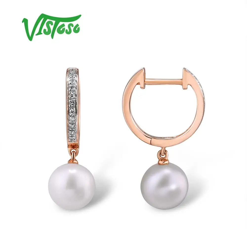 VISTOSO Pure 14K 585 розовое золото сверкающие бриллианты элегантные пресноводные жемчужные серьги для женщин уникальные модные свадебные ювелирные изделия