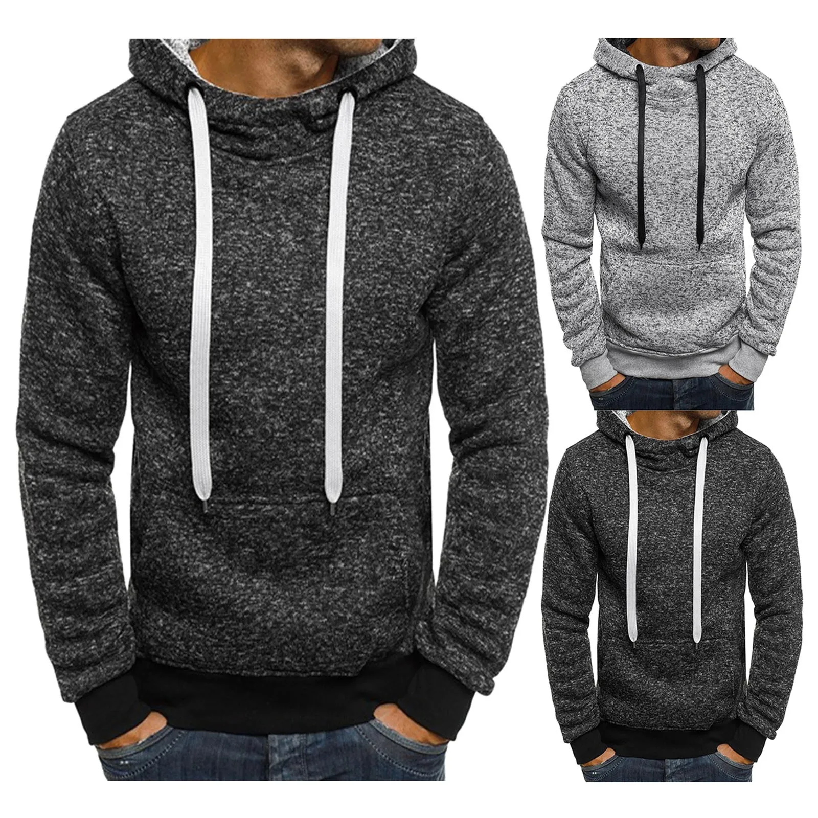 

Men's Casual Long-sleeved Tops Blouse Solid Hooded Pullover O Neck Sweatershirts With Pockets Fashion Men Shirt