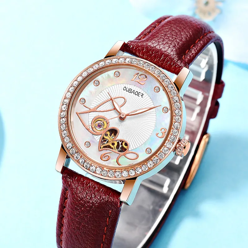 Relogio feminino, OUBAOER, автоматические механические часы для женщин, модные, стразы, полый дизайн, часы с кожаным ремешком, водонепроницаемые часы