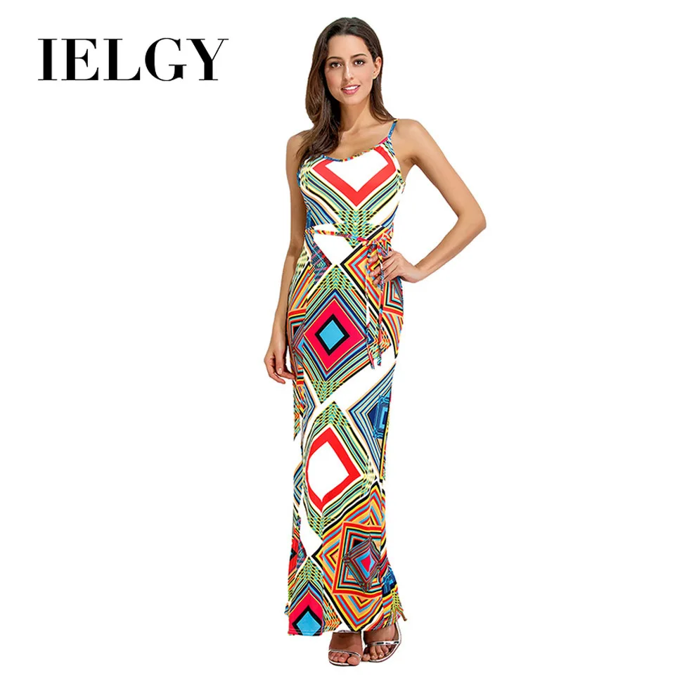 

IELGY Sexy Print Sling Slim Fit Split Dress