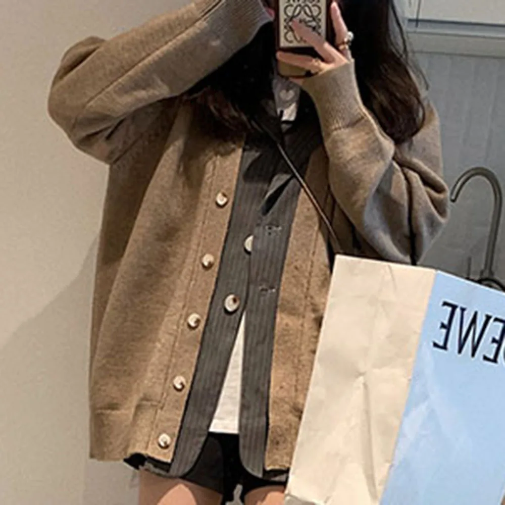

Sweater 2021 Autumn Winter New Korean Fashion Splicing Fake Two Double Breasted Lapel Long Sleeve Temperament Casual Women