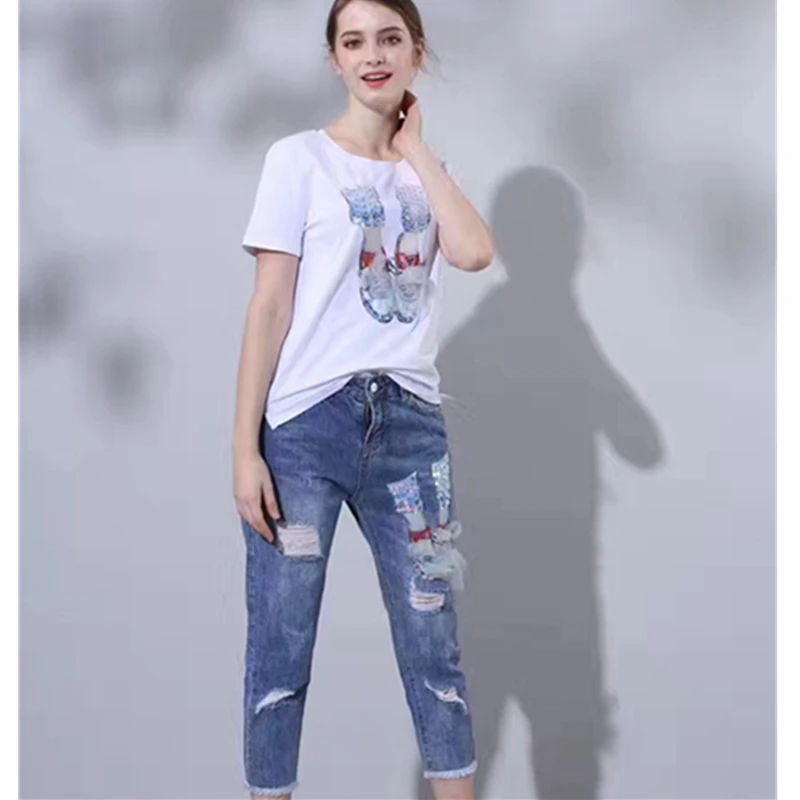 Комплект из двух предметов женская футболка с блестками и принтом птиц рваные