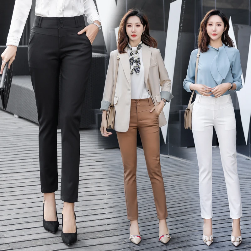 

2021 New High Waist Office Lady Pants Korean Fashion Ladies Full-length Straight Pants Women Formal Work Wear Solid Trousers