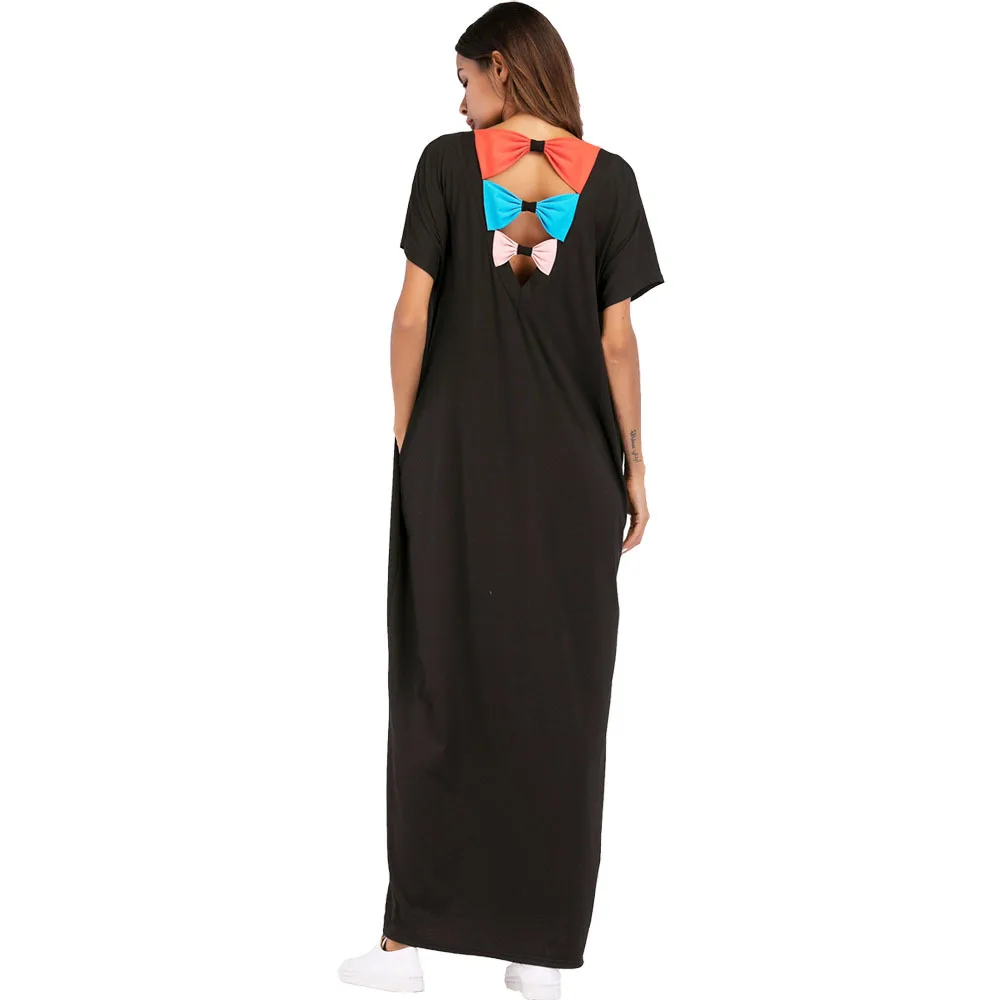 Мусульманская мусульманская одежда с бантом однотонное платье коротким рукавом