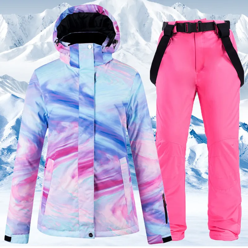 

New Warm Colorful Ski Suit Women Waterproof Windproof Skiing and Snowboarding Jacket Pants Set Female Outdoor Snow Costumes