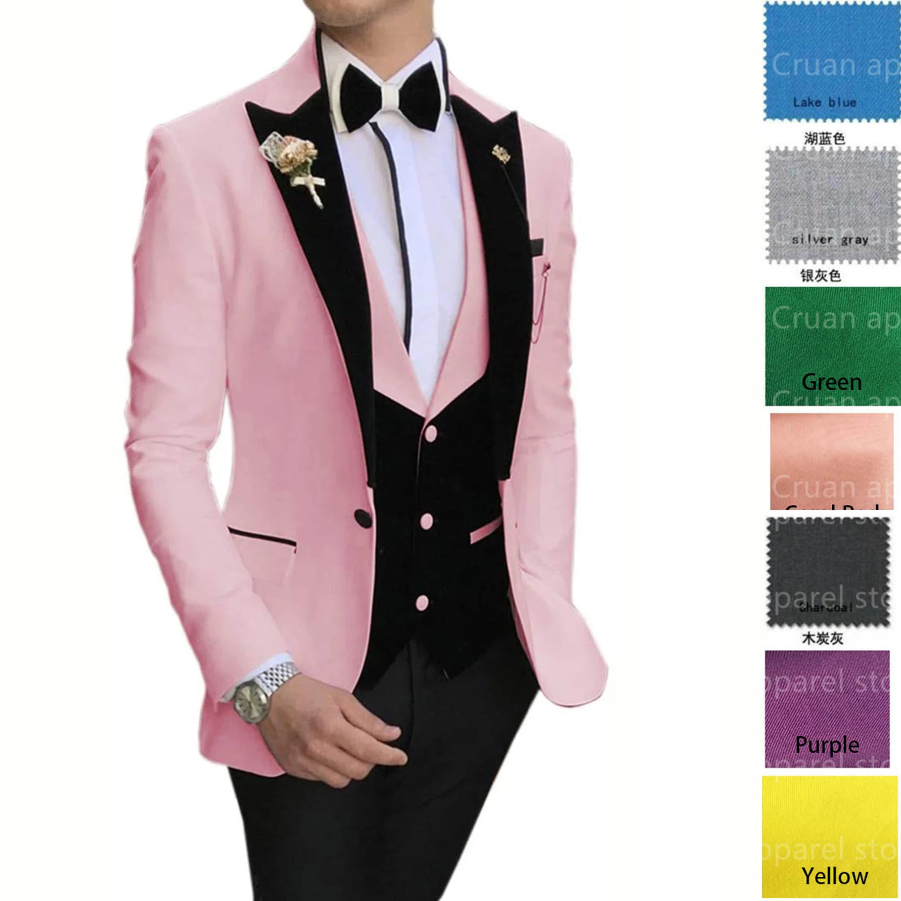 Custom Tide Men Colorful Fashion Wedding Suits Plus Size Pink Green Sky Blue Purple Suits Jacket Pants Velvet Vest 3Pcs Tuxedos