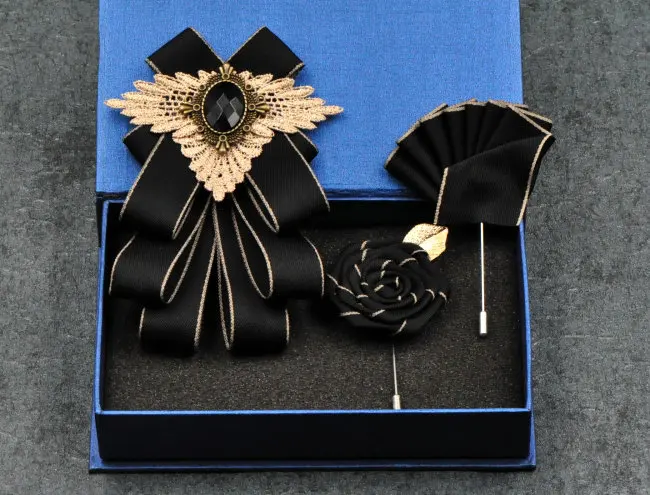 3pcs Bow Tie Set Элегантный мужской и женский деловой Галстук Свадебная вечеринка сплав броши галстук-бабочка Набор Полосатый носовой платок Карманный квадратный ленточка с бантиками - Цвет: 3pcs Bow Tie Set