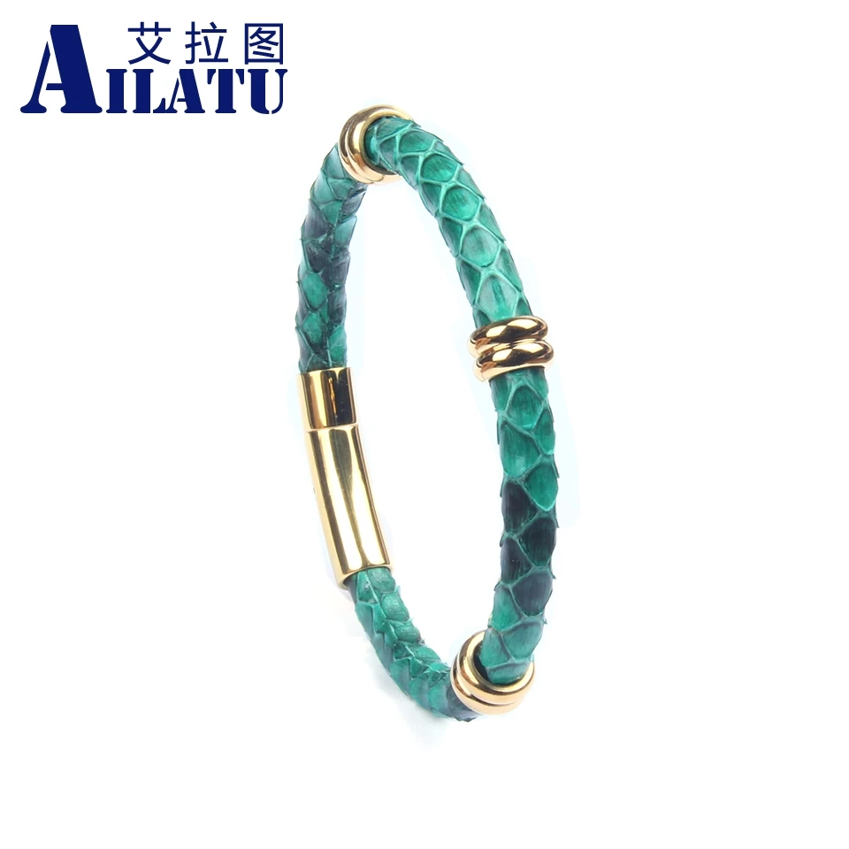 Ailatu Genuine Python Leather Bracelet with Stainless Steel Spacer Beads Clasp Buckle Bangle for Men Women | Украшения и