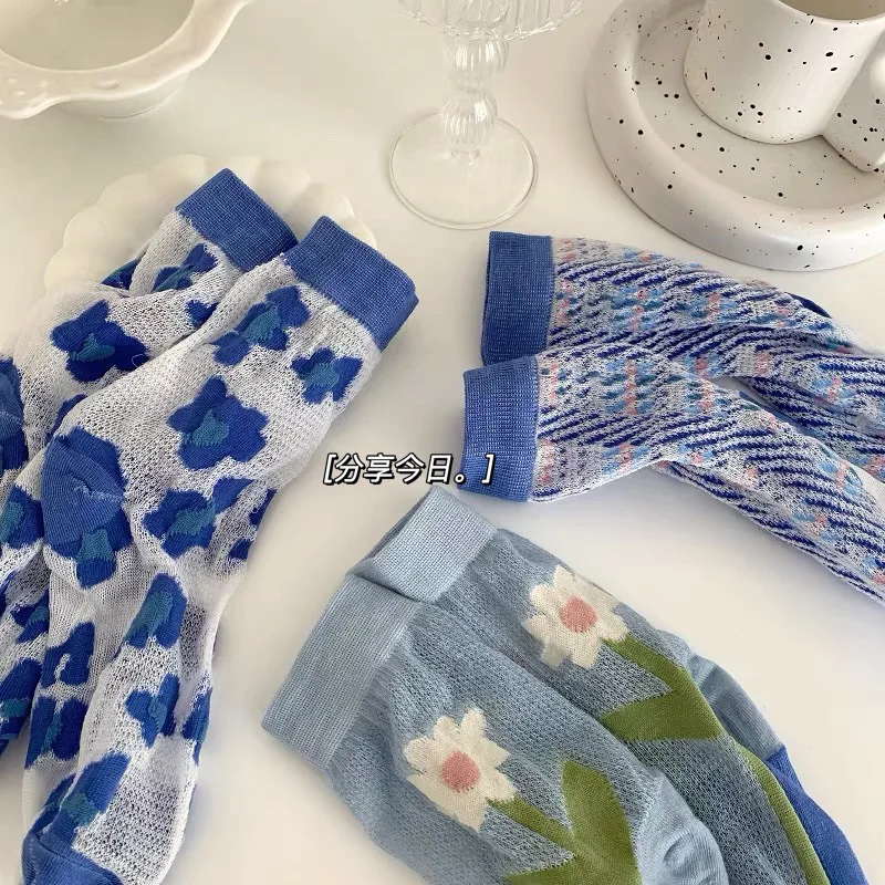 

Mesh Socks Women Flower Sweet Literature Art Middle Tube Cute Casual Trend Breathable Lace Student Kawaii Soft Long Socks Female
