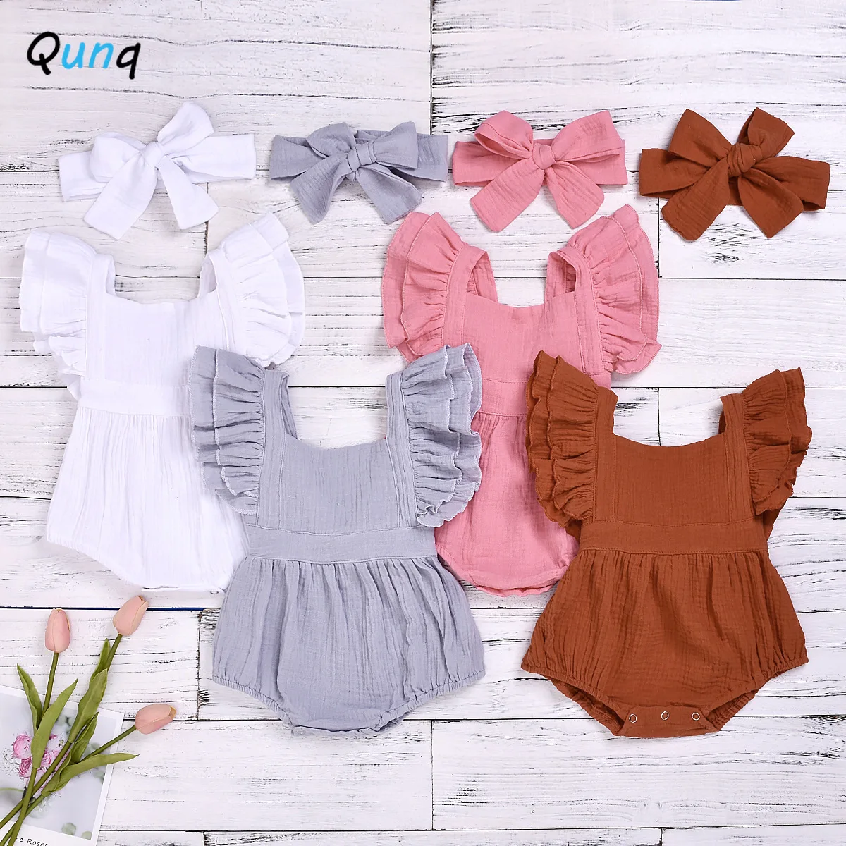 

Qunq Baby Girls Romper with Headband 2021 New Summer Backless Infant Jumpsuits Solid Color Ruffle Sweet Newborns Clothing