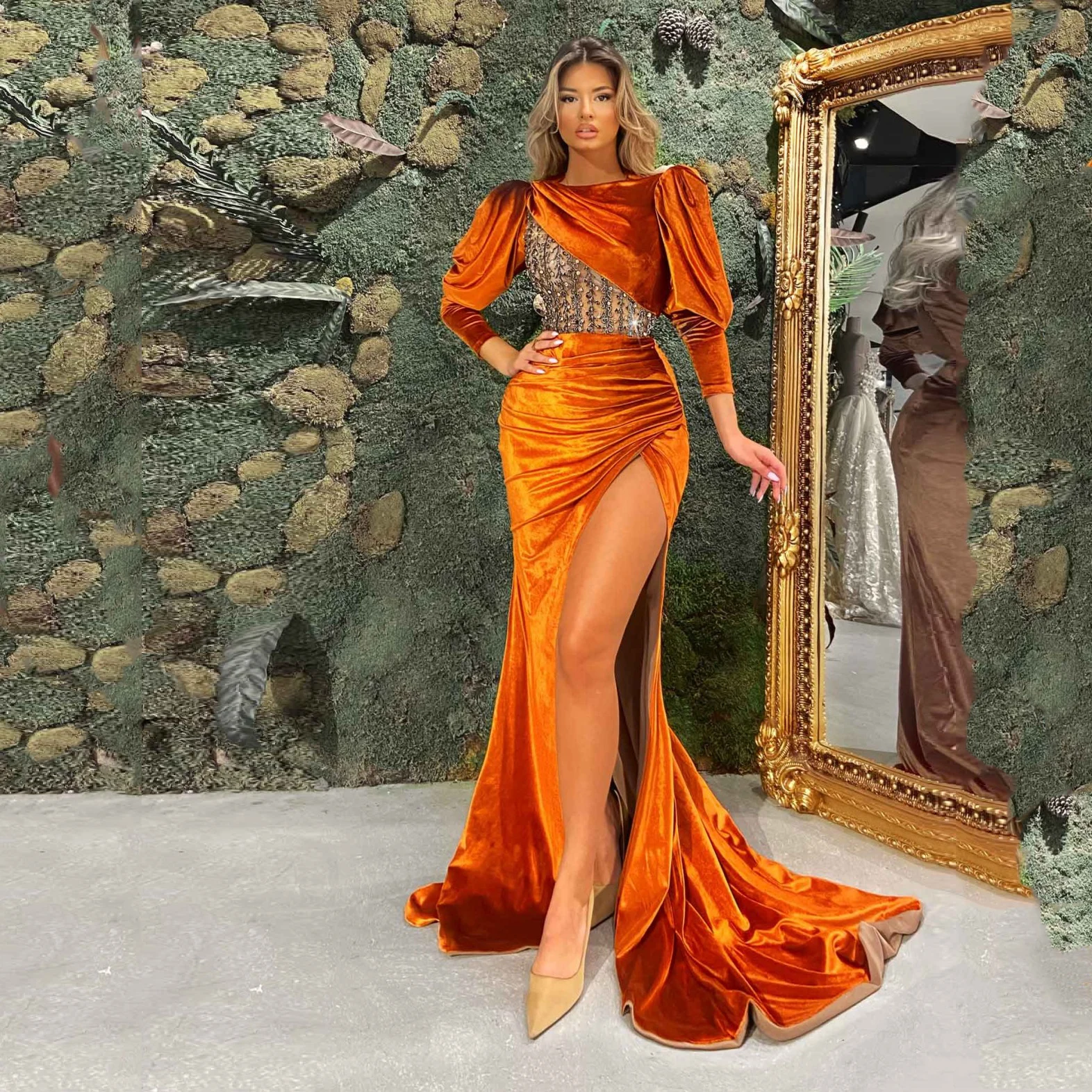 

Elegant Velvet Mermaid Prom Dresses Long Sleeves High Split Women Formal Evening Pageant Party Gowns Plus Size Custom Made