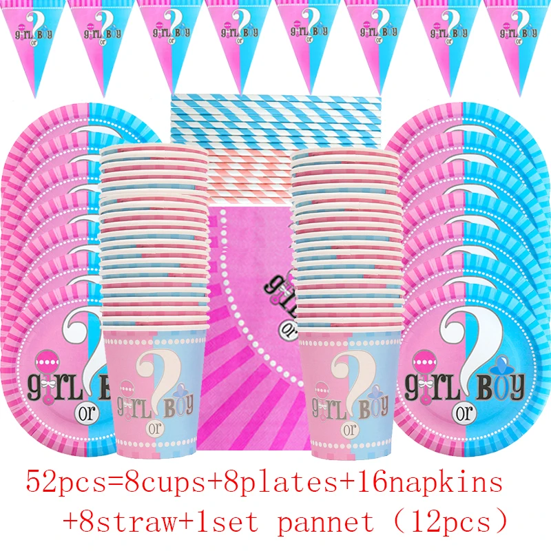 

52 pcs Gender Reveal Themed Party Cups Plates and Napkins Straw 8 Person Birthday Party Supplies Baby Shower Party Decorations