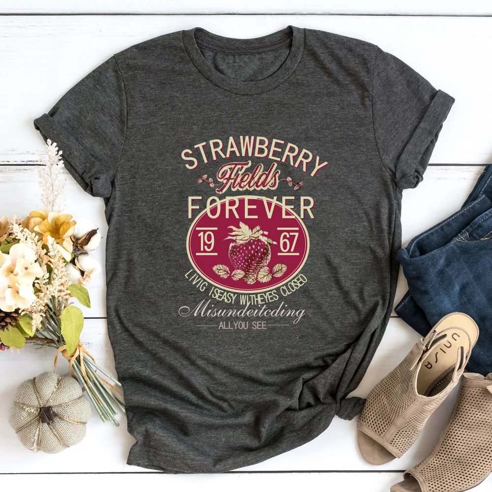 

100% Cotton Womens Short Sleeve T-Shirt Strawberry Fields Forever Graphic T Shirts Oversized Tees Tops Streetwear Female