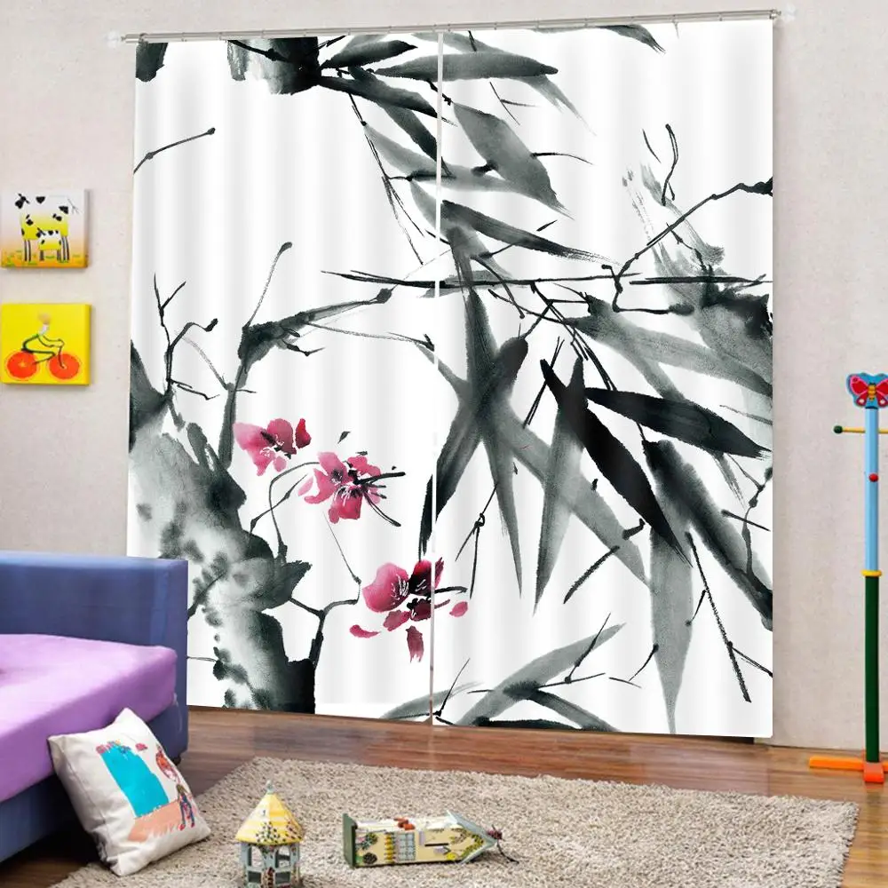 Штора для душа с изображением бамбукового листа и цветка смыслом мудрость, рост и обновление, раскрой свою силу, затемнение, настроенная в традиционном стиле.