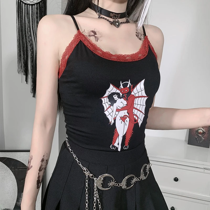 

Women Grunge Devil Print Black Camisole Gothic Harajuku Sexy V Neck Camis Vintage Lace Skinny Summer Tops Dark Goth Camis Tee