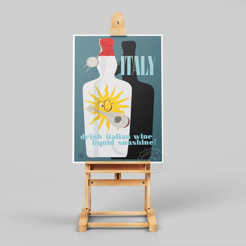 Постер рекламы вин Италии "Жидкое солнце" на холсте в стиле винтаж.