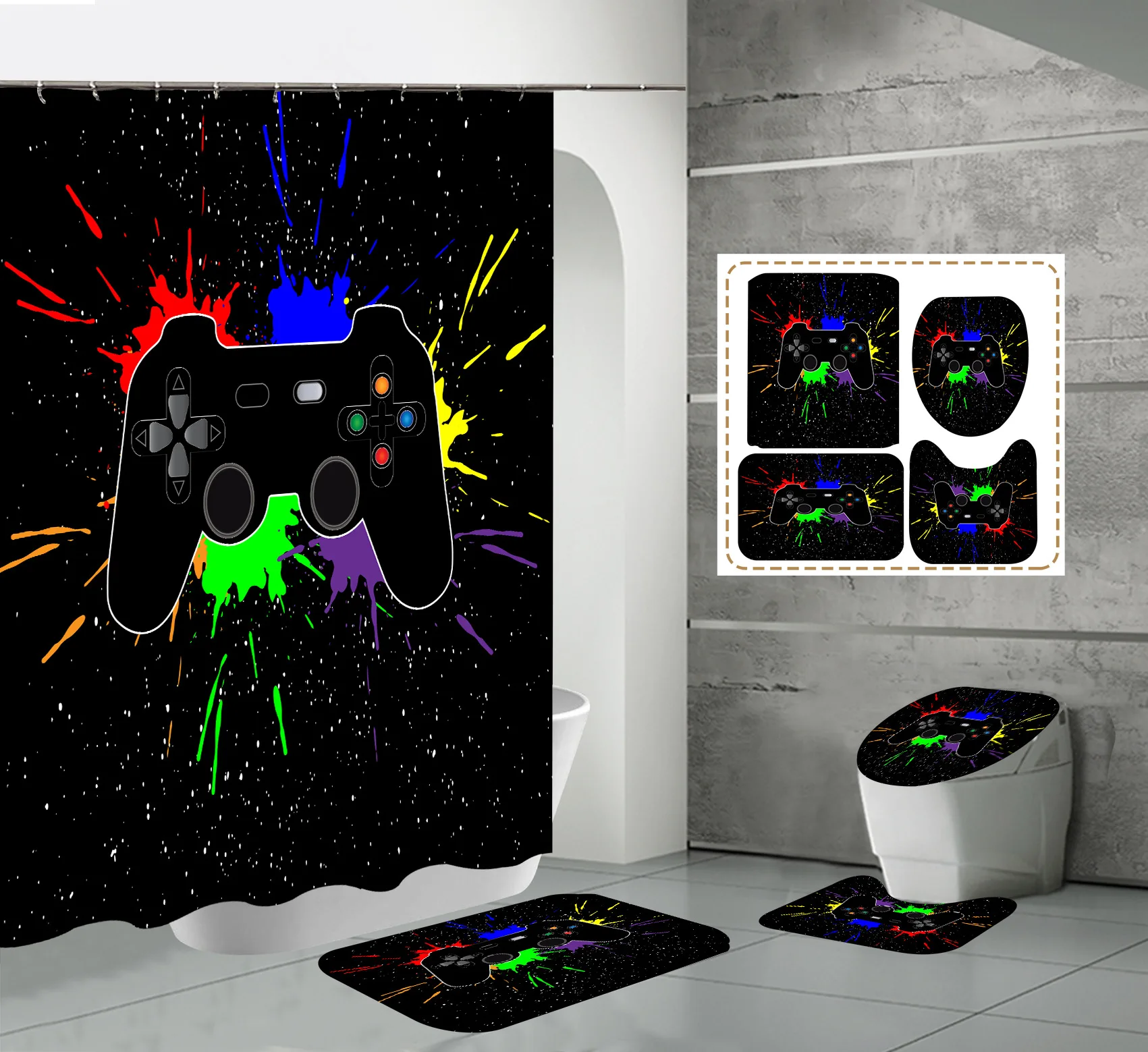 

Gamepad Gamer Shower Curtain Bathroom Green Frabic Waterproof Polyester Bathroom Curtain with 12 Hooks