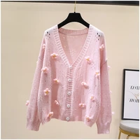 ladies sweet flowers cardigans outwear spring autumn long sleeve v neck sweater jacket chic knitted knitted jackets top