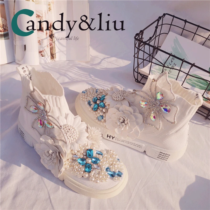 

New high-top beaded pearl rhinestone three-dimensional flower butterfly fashion Joker elastic socks knitted shoes women
