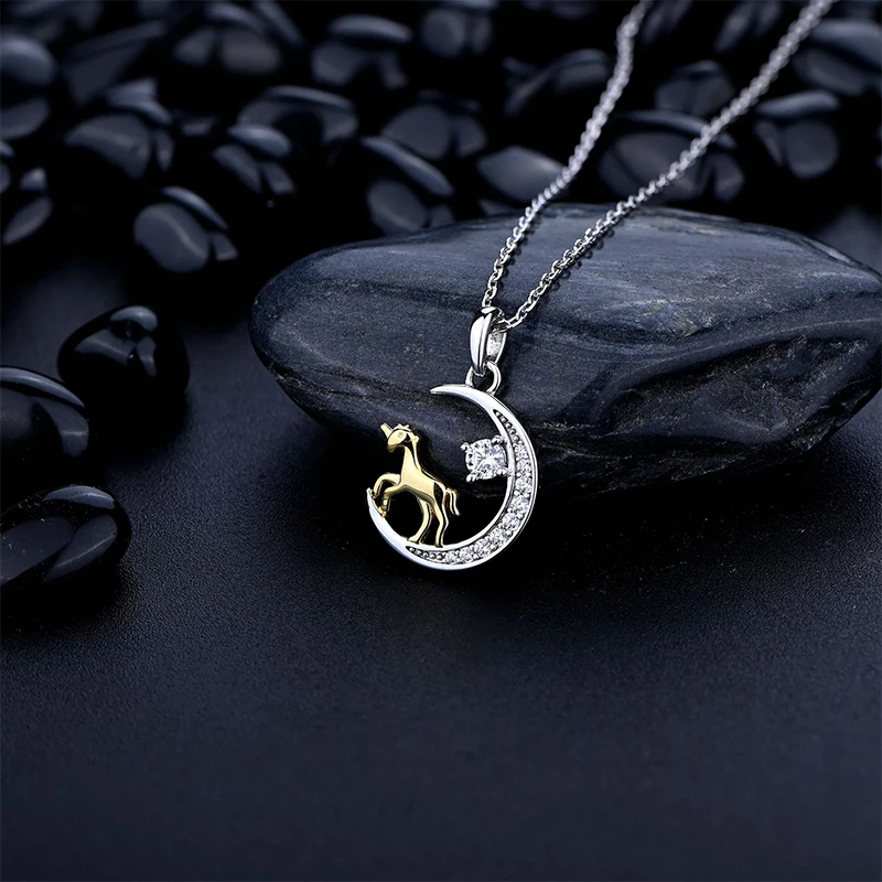 

100% S925 Sterling Silver Chain Necklace Star Moon White Horse Design Pendant Necklace For Women Wedding Party Fine Jewelry Gift