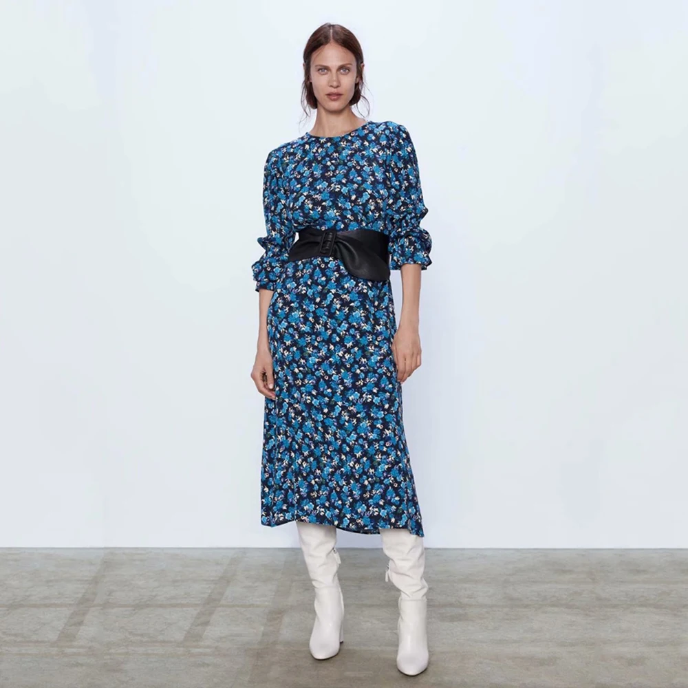 2019 ZA женское платье винтажное синее миди с цветочным принтом О образный воротник