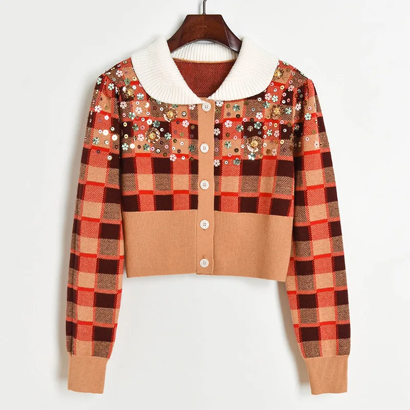 Ladies Spring New Luxury Brand Designs Sweater Female Sweet Peter Pan Collar Beading Lattice Slim Knitting Tops