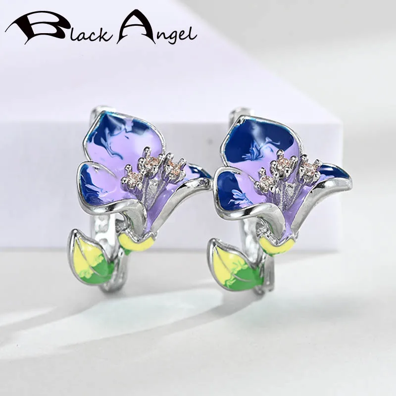 

BLACK ANGEL Purple Pink Enamel Morning Glory Clip Earrings For Women 925 Silver CZ Flowers Earrings Fashion Jewelry Wholesale