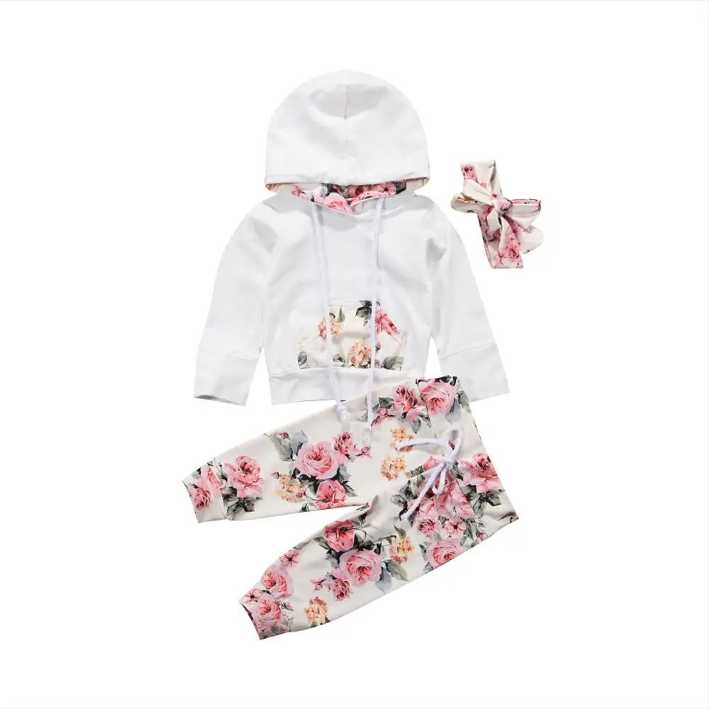 

3PCS Spring Autumn Toddler Baby Girl Clothes Hooded Tops Floral Pants Infant Outfits Tracksuit