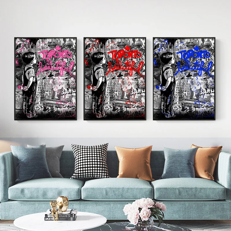 

Modern Toranto Is Beautiful Letters Graffiti Art Canvas Painting Little Boy Street Pop Art Poster Wall Picture Room Home Decor