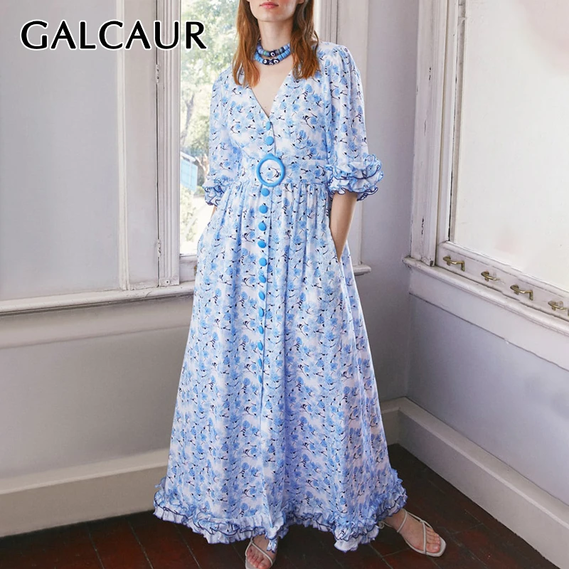 Женское богемное платье макси GALCAUR с v-образным вырезом рукавами-лепестками и