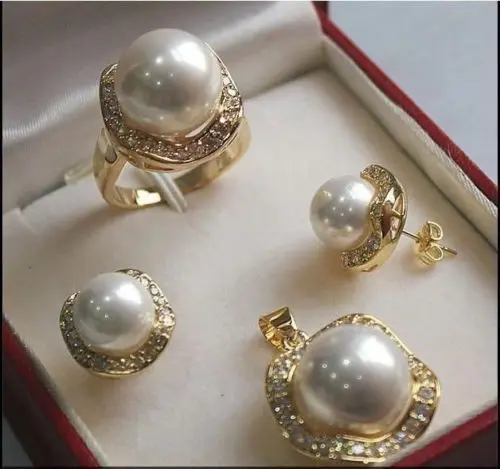 

PING HOT sell new Style AAA 10mm &14mm White South sea Shell Pearl Earrings Necklace Ring Set A01