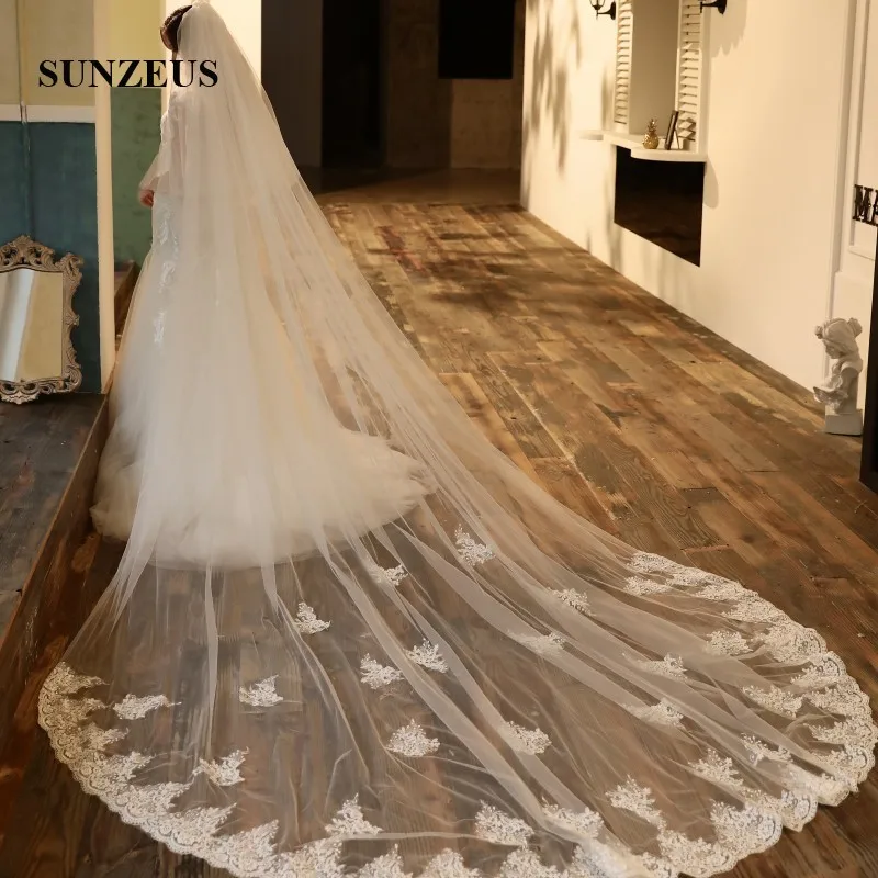 

2019 New Cathedral Wedding Veil 4M Length (3M Width) Long Bridal Veils 2 Layers Ivory Tulle Veil Lace Edge voile de mariee LVV02