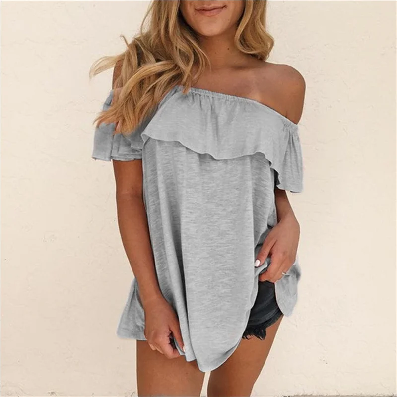 

New 2021 Fashion Women's One-Line Neck Top Short-Sleeved Summer Casual Loose Off-Shoulder Ruffled T-Shirt