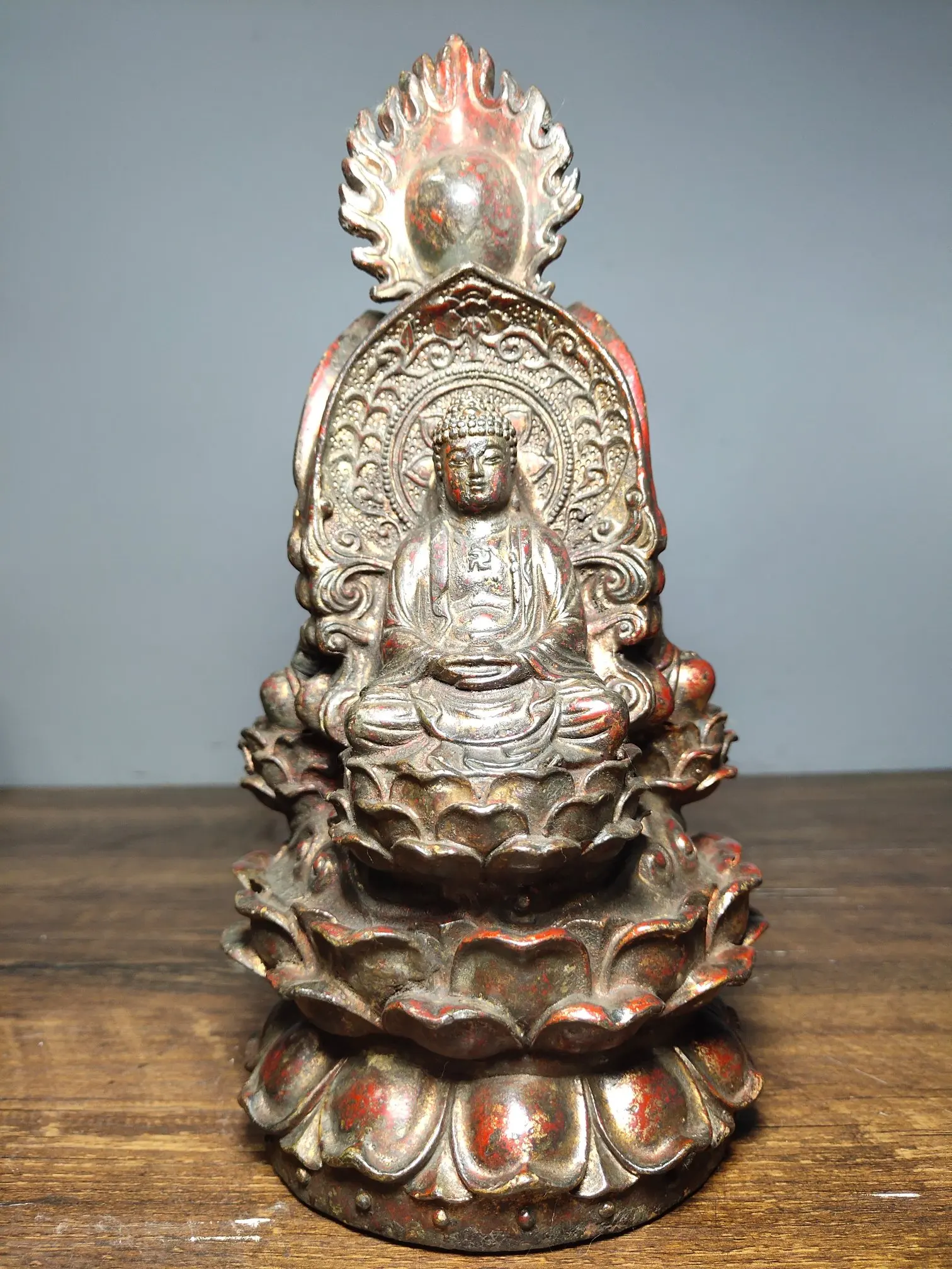 

9" Tibet Buddhism Old Bronze Cinnabars Three-faced Buddha Three-faced Buddha Avalokitesvara statue Amitabha Enshrine the Buddha