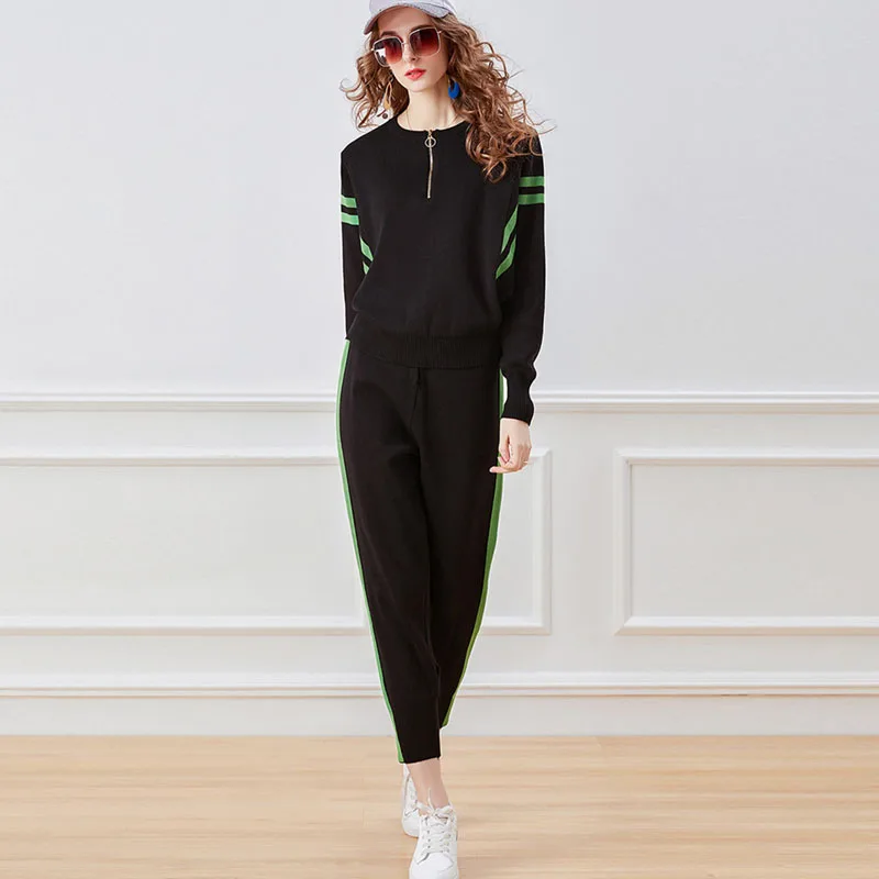 

Fashion women's suit 2021 new casual sports loose temperament long sleeve knitted two-piece suit