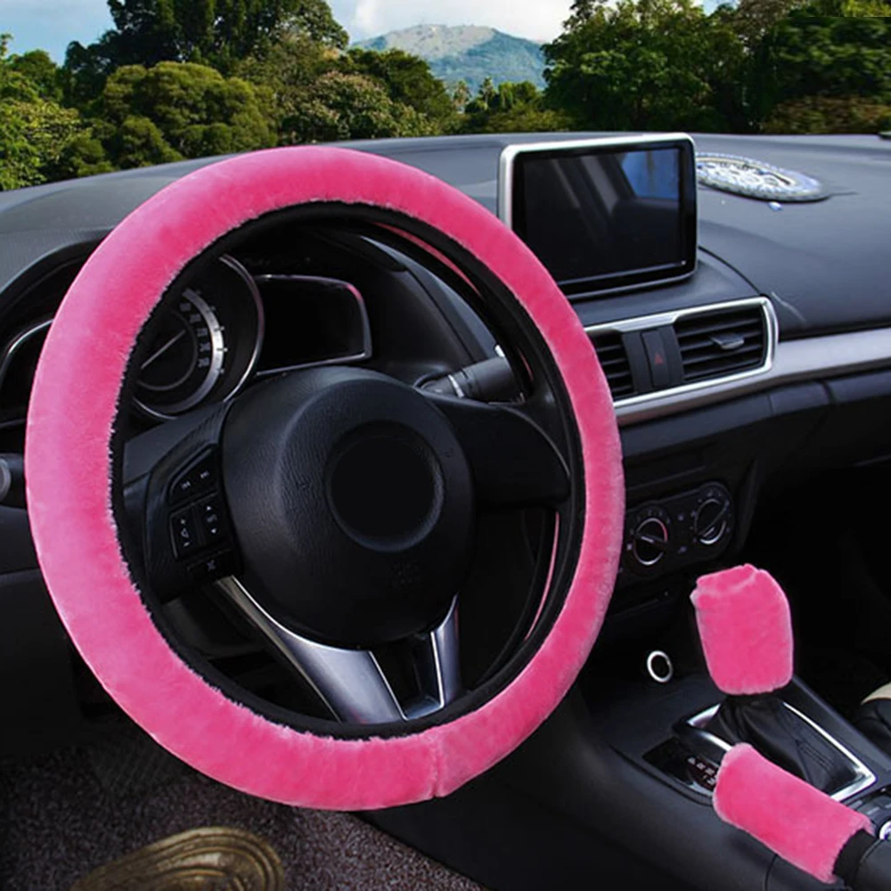 

3 Pcs/set Car Interior Covers Steering Wheel Cover Stop Lever Cover Hand Brake Cover Velveteen Protector Cover Accessories
