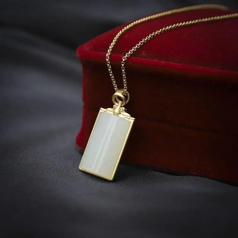 

SNew Silver Inlaid Natural Hotan White Jade Pendant Square Frosty Wind Necklace Women's Brand Jewelry Memorial Day Gift