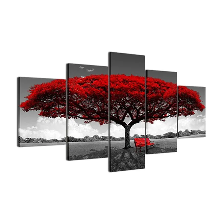 

5 Panels Abstract Red Tree Oil Paintings Print On Canvas Posters And Prints Landscape Wall Art Pictures Home Wall Decor