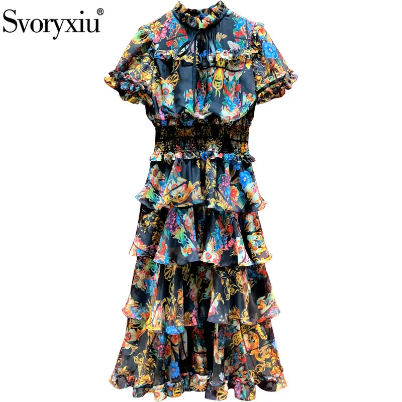 

Svoryxiu Designer Summer Vintage Party Dresses Women's Fashion Short Sleeve Elastic Waist Tiered Ruffle Print Black Midi Dress