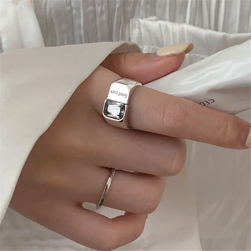 

925 Sterling Silver Crystal Square Adjustable Ring For Women Girls Wedding Party Birthday Trendy Jewelry Anillos JZ600