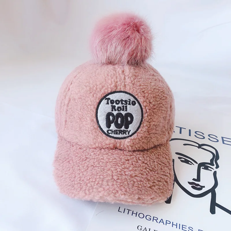 Autumn Winter Children Hat Korean Big Woolen Ball Lamb Letter Baseball Cap for Pop Printed Infant Girls and Boys | Детская одежда и