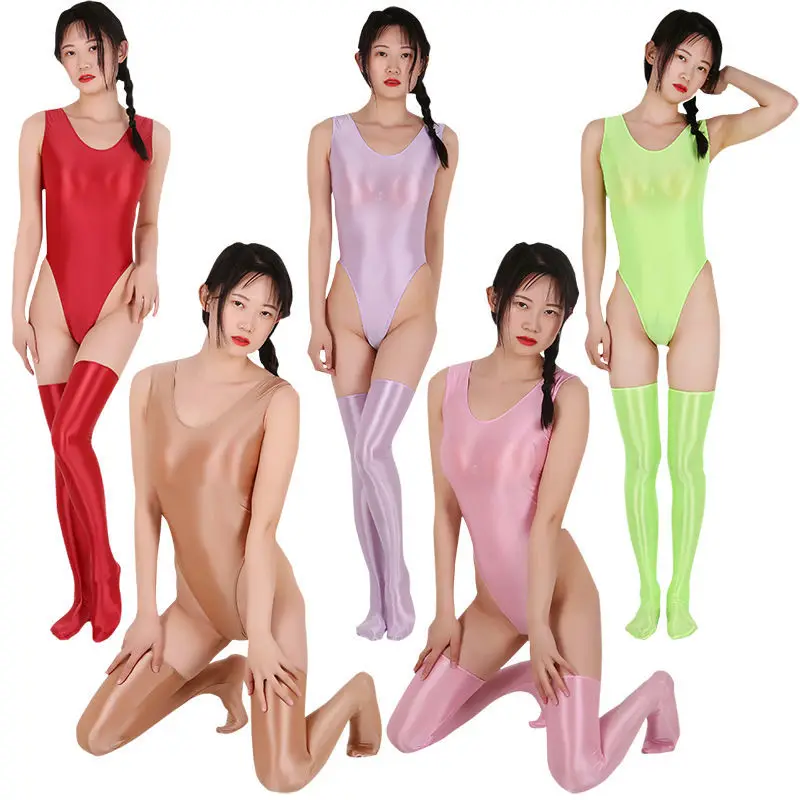 2pcs/Set No Pad Transparent Glossy Swimsuit Sexy Shiny High Elastic Swimwear Glitter Push Up Bathing Suit Stockings Bodysuit