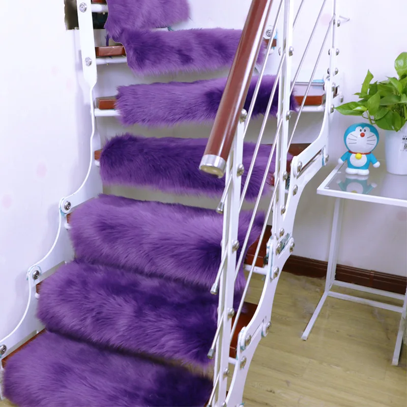 13Pcs Soft Stairs Carpet Long Plush Faux Wool Rug Non Slip Rectangle Stair Tread Mats Step Rug Carpet Protection Cover