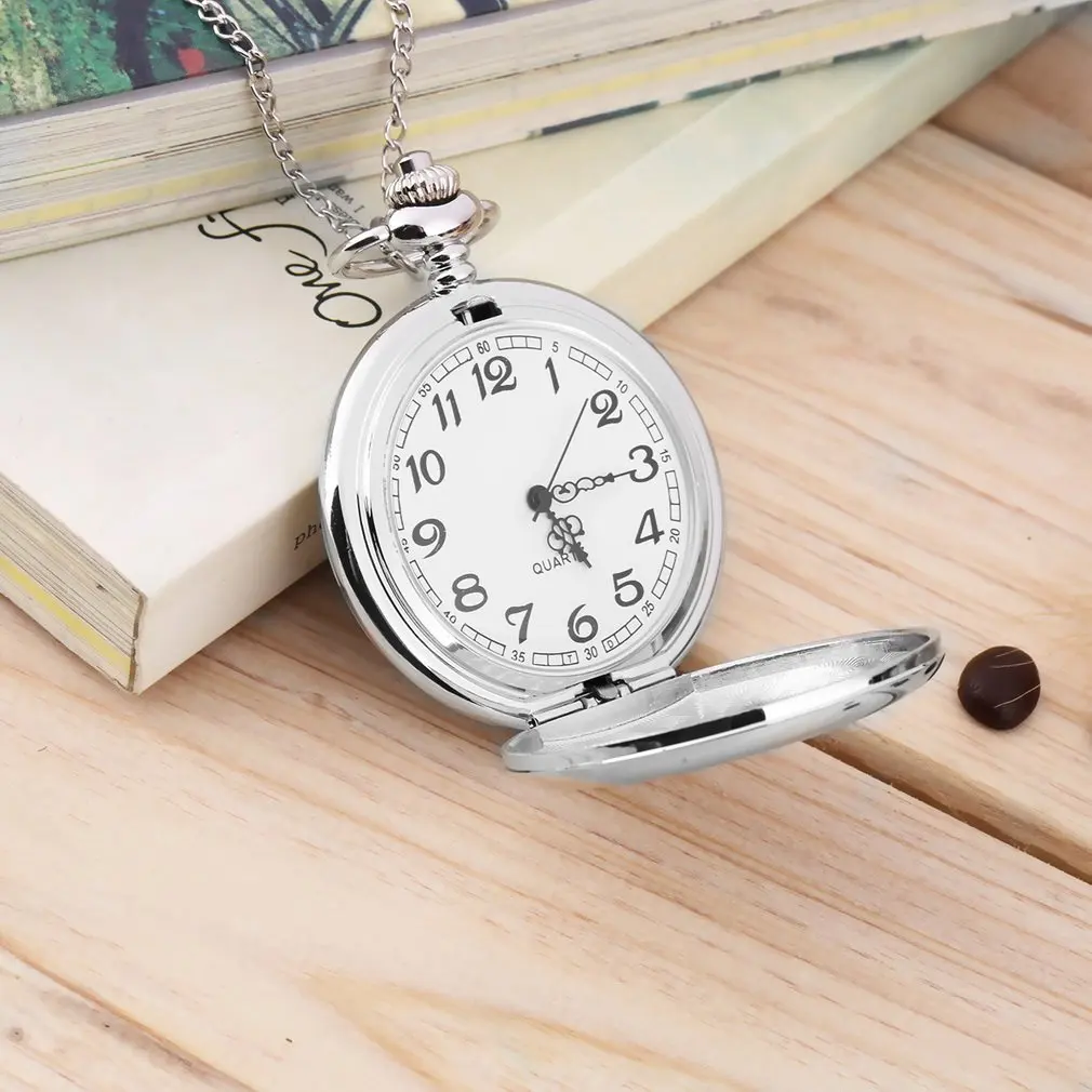 

New Luxury Smooth Silver Pendant Women Men Vintage Polish Stainless Steel Quartz Pocket Watch Fashion Necklace Chain Lover Gift