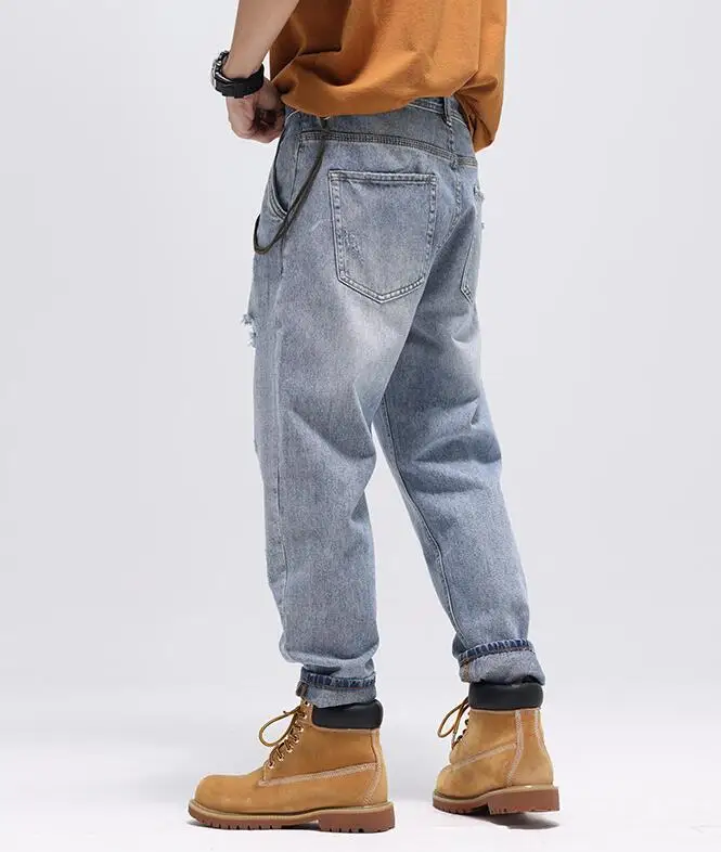 Jeans Men's Loose Straight Light-Colored Wide-Legged Ankle-Length Denim Pants Men's Street Fashion Brand Retro Ripped Jeans